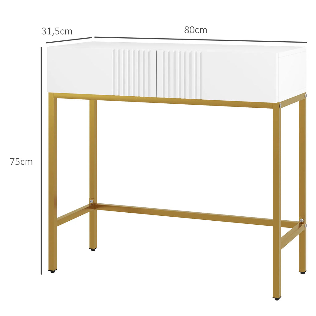 Console blanche avec 2 tiroirs et base en acier
