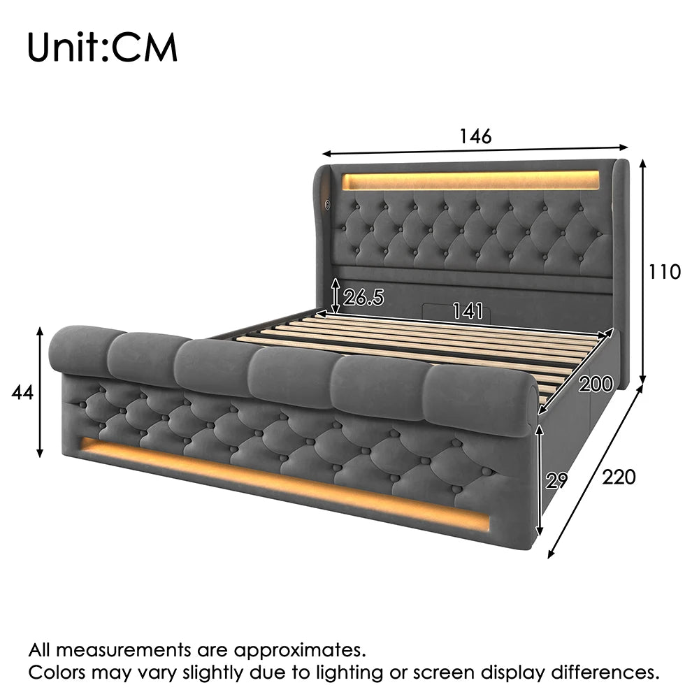 Lit coffre capitonné avec LED, USB et USB-C