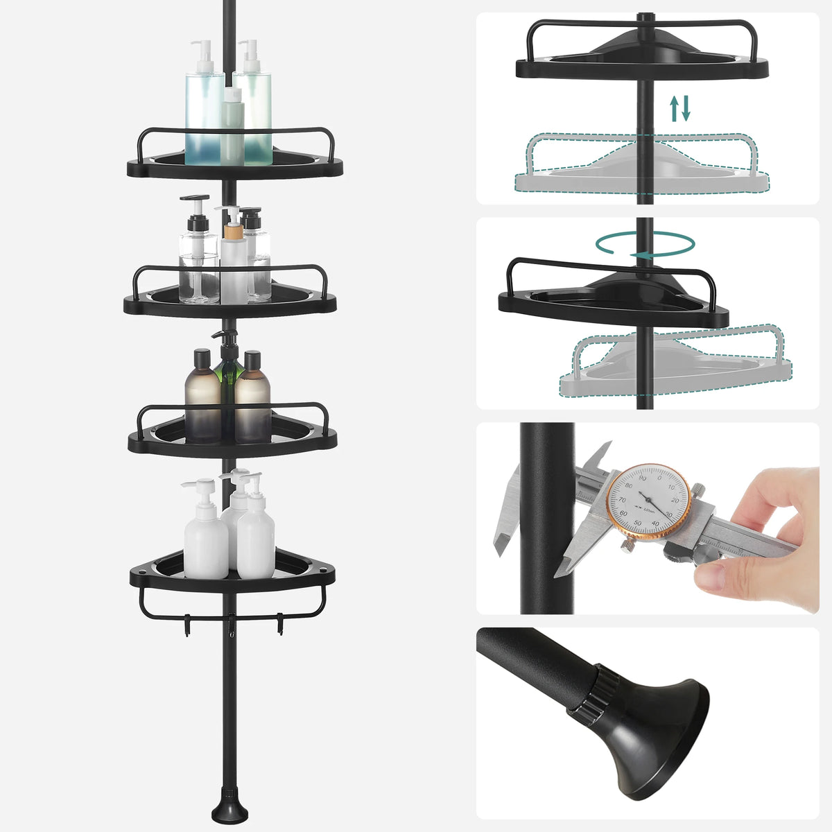 Étagère de douche noire, 4 niveaux télescopiques — paniers ajustables et support d’accessoire