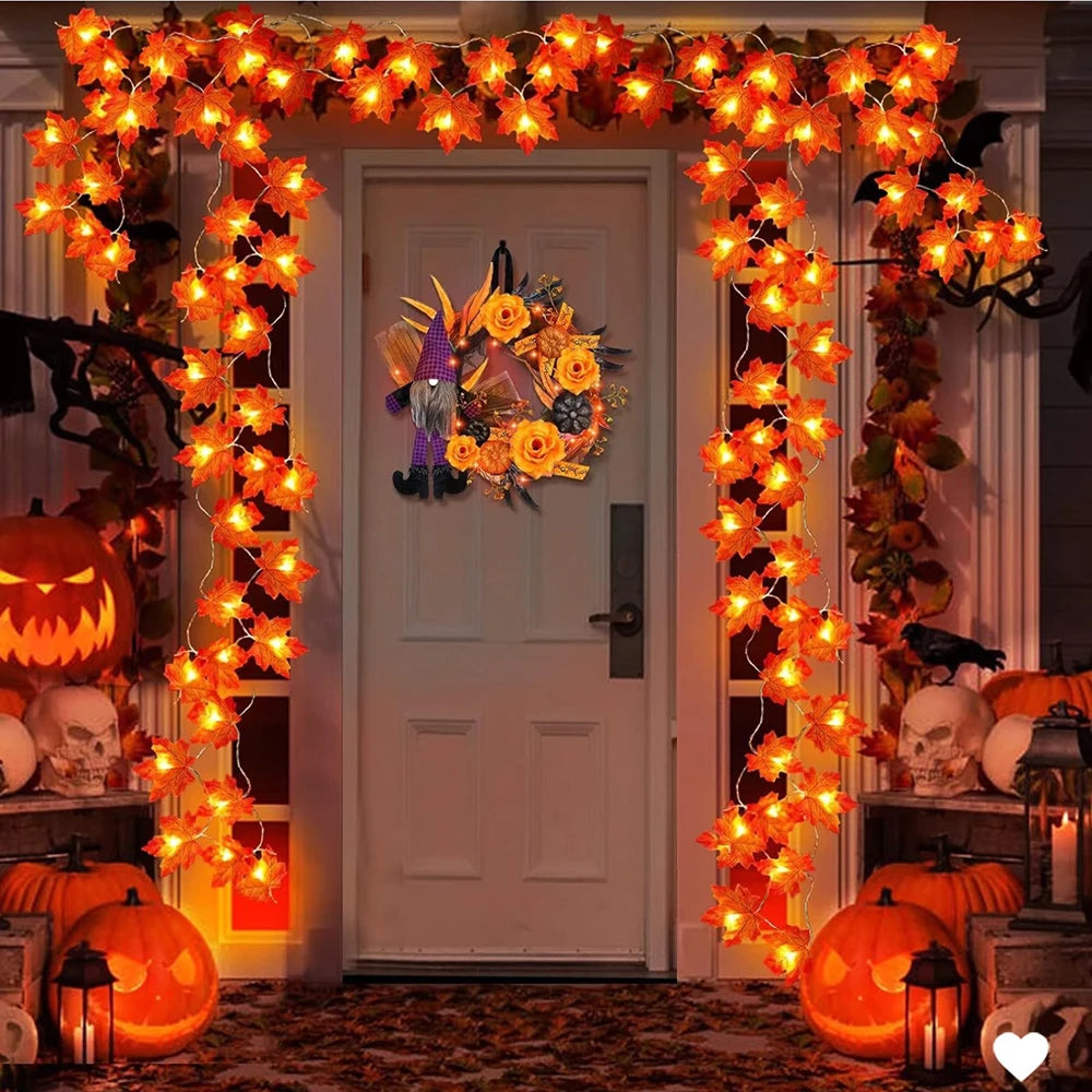 Guirlande lumineuse feuilles d’érable, USB, 3 ou 6 m — autour d’une porte