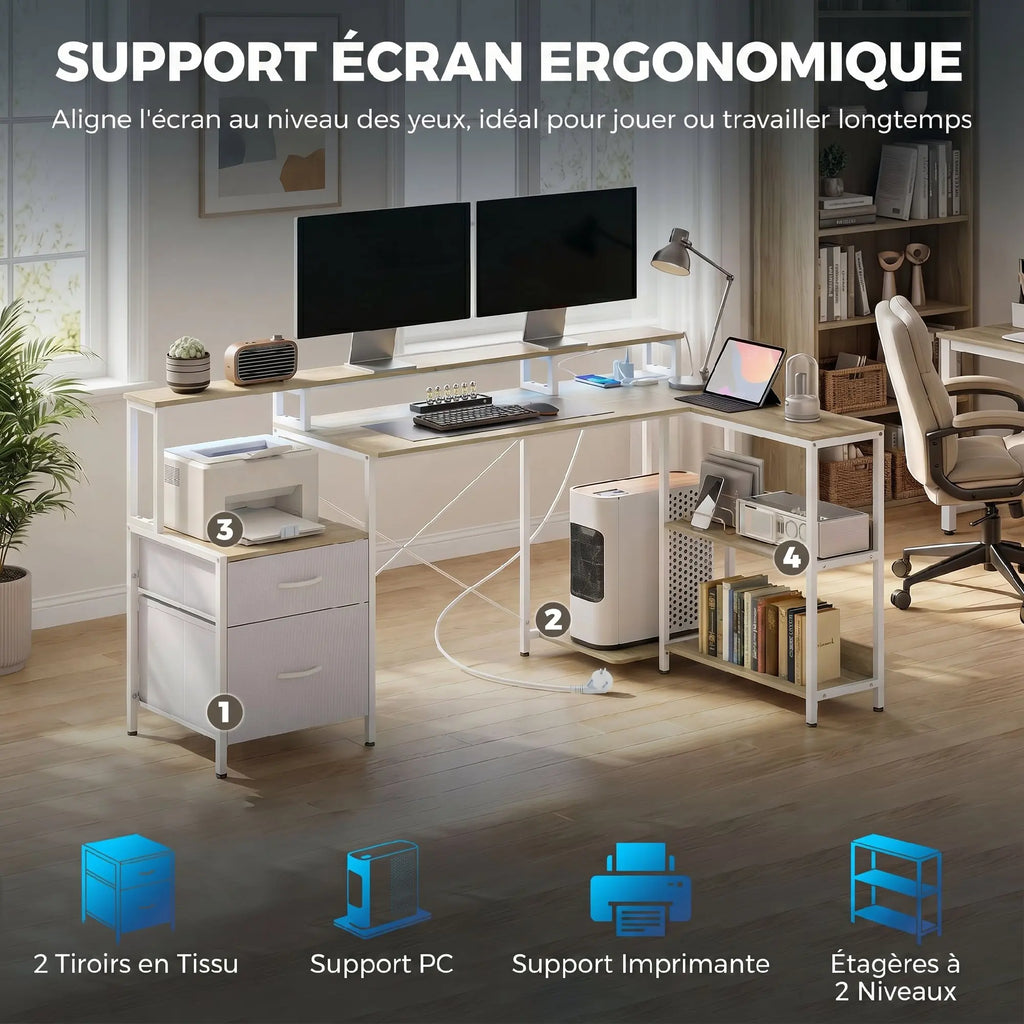 Bureau d’angle LED RGB avec prises et 2 tiroirs
