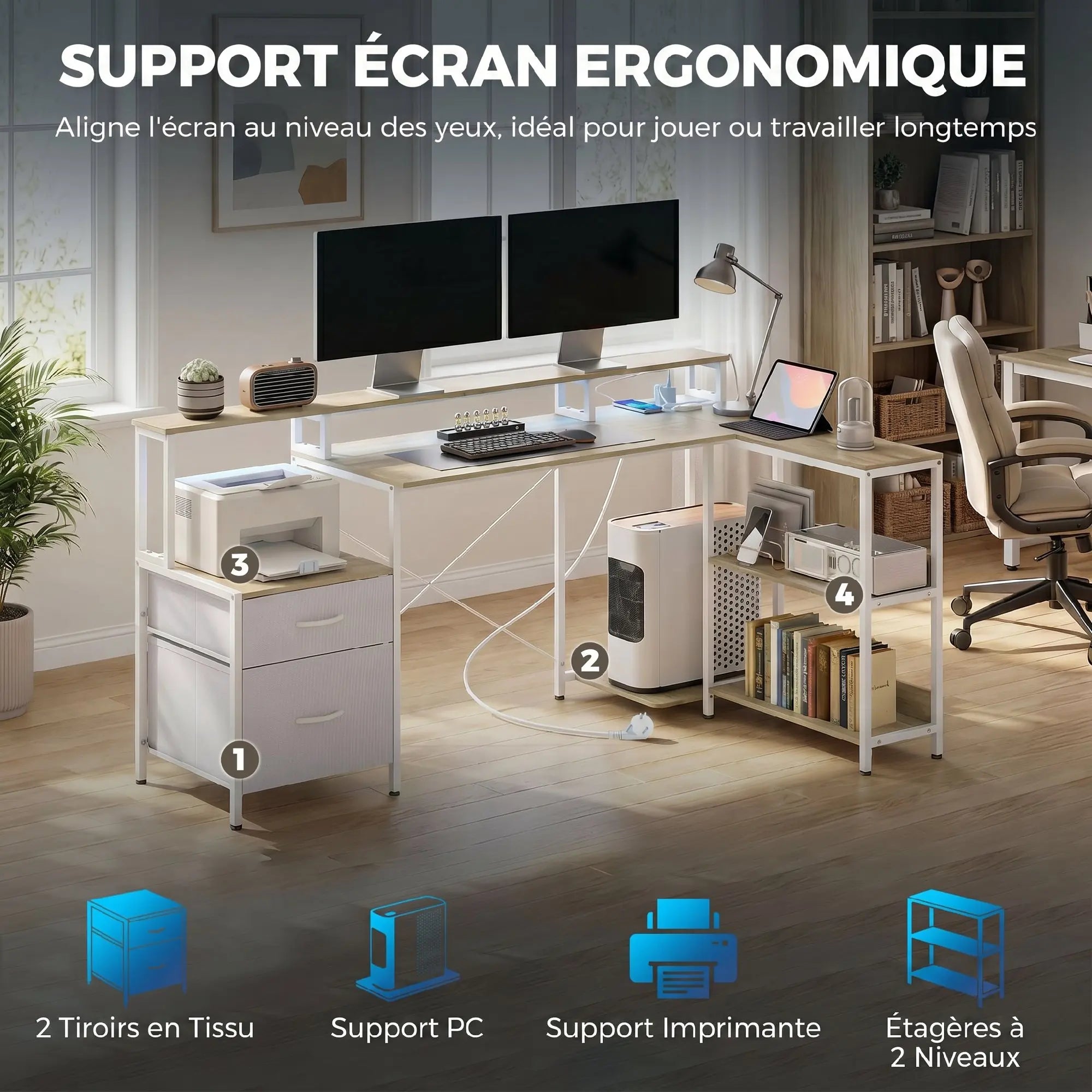 Bureau d’angle LED RGB avec prises et 2 tiroirs