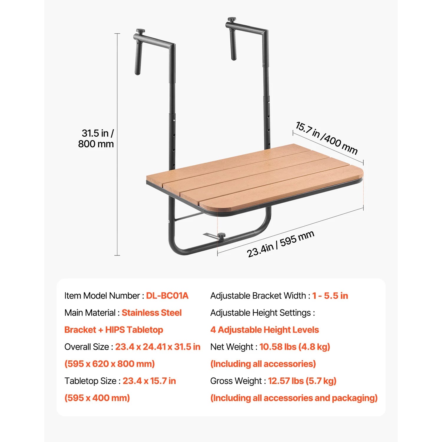 Table de balcon suspendue et pliante