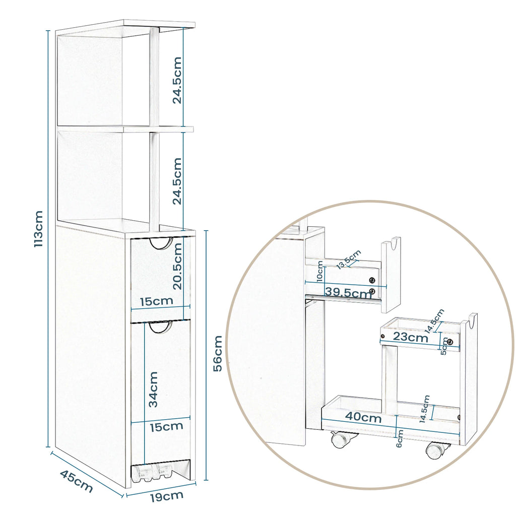 Meuble étroit de salle de bain à rangements coulissants