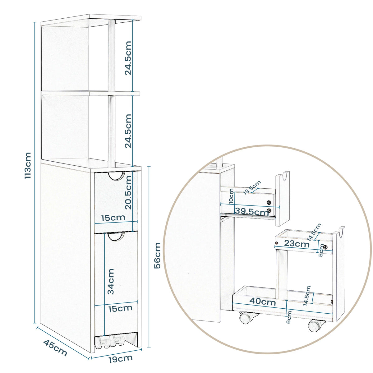 Meuble étroit de salle de bain à rangements coulissants