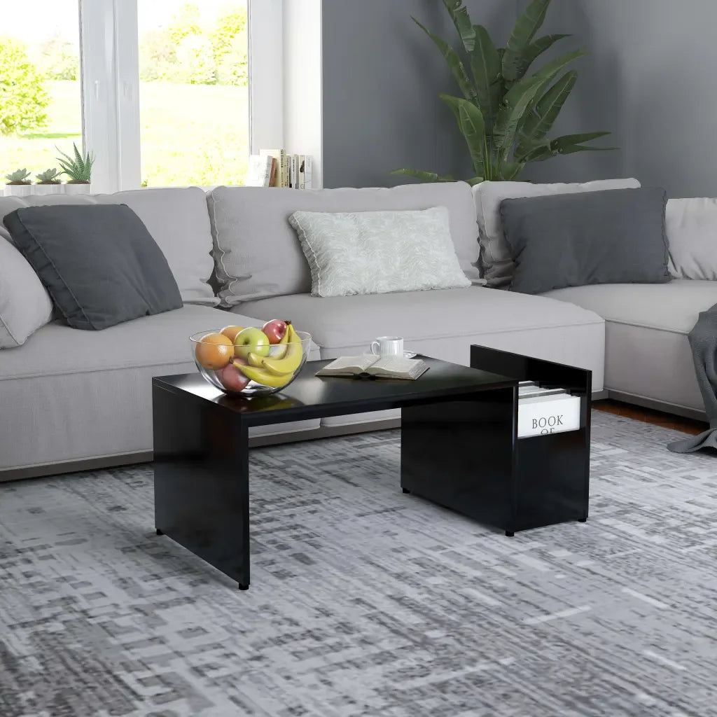 Table basse noire avec rangement latéral, 90 cm — mise en situation