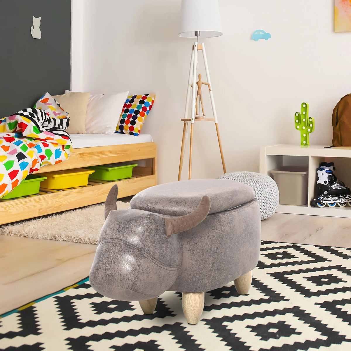 Pouf vache avec coffre de rangement, brun aspect daim — au salon