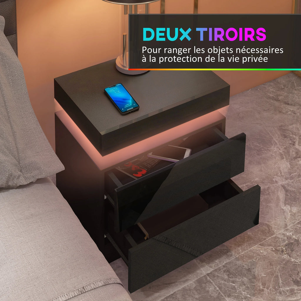 Table de chevet LED RVB brillante avec 2 tiroirs