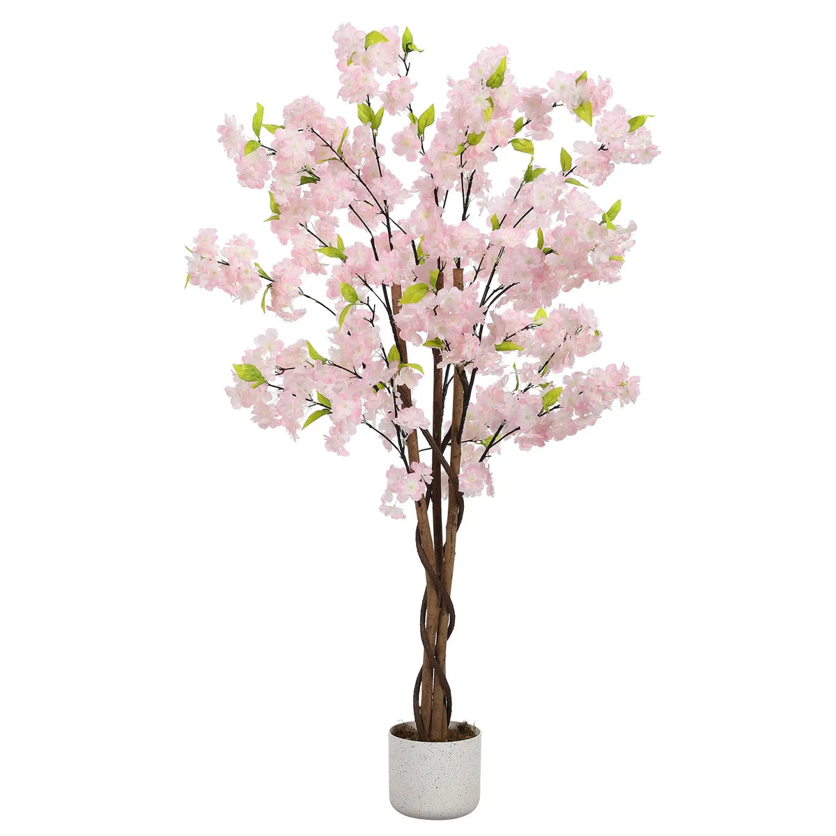 Arbre artificiel de cerisier en pot, fleurs roses pâles, feuillage vert, tronc brun
