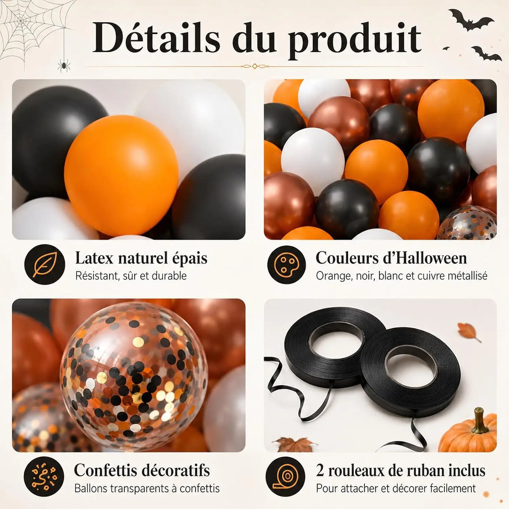 Ballons Halloween orange et noirs : détails des couleurs, confettis et rubans.