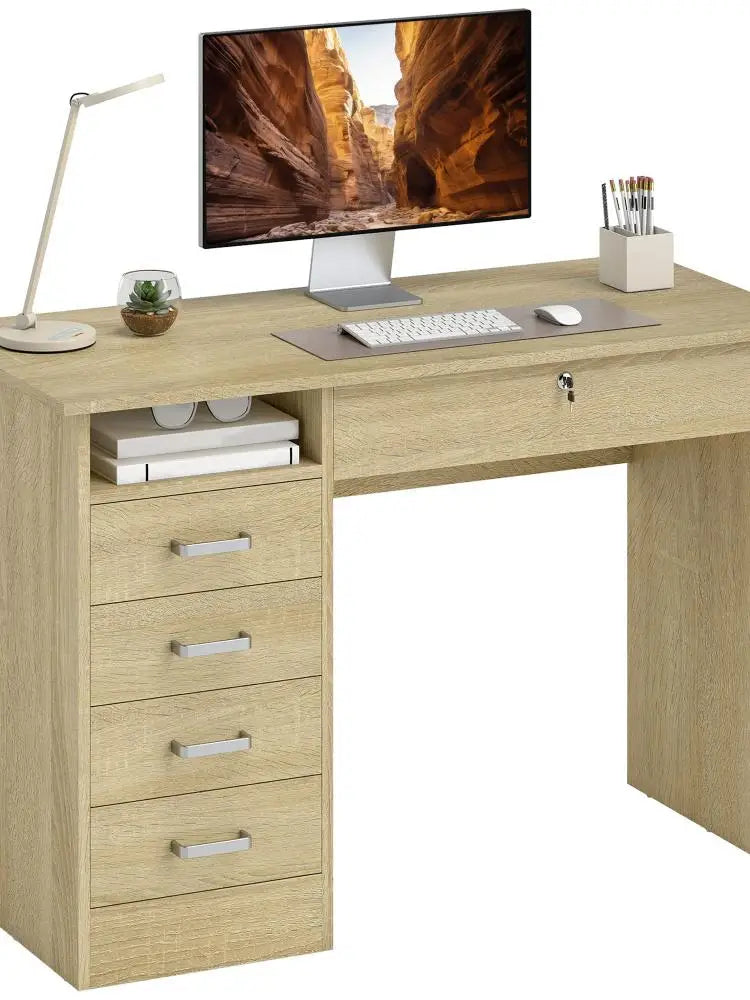 Bureau effet chêne avec 5 tiroirs et niche ouverte
