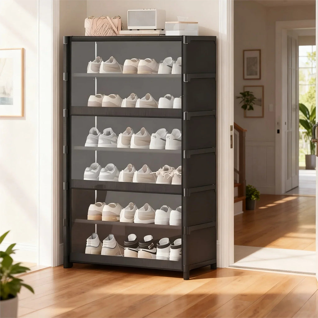 Meuble à chaussures noir avec portes transparentes et plusieurs niveaux, visuel 1