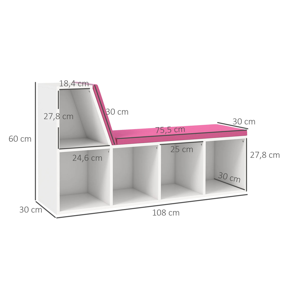 Banc bibliothèque blanc et rose à 5 compartiments, 108 cm — dimensions