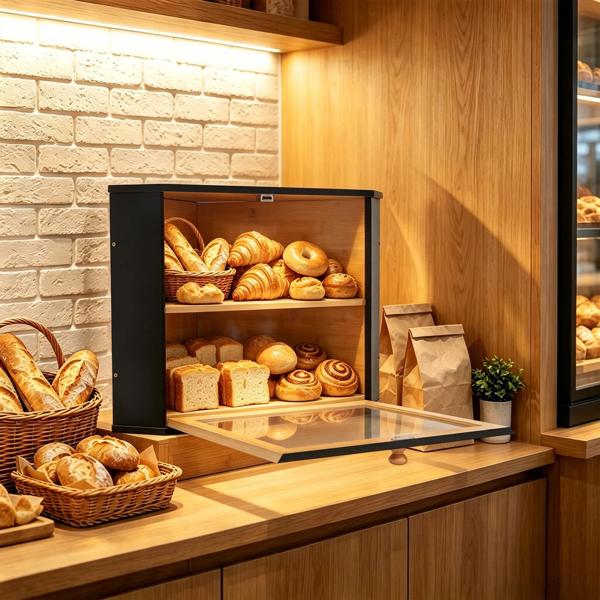 Boîte à pain d’angle en bambou noir à 2 niveaux — deux niveaux présentés avec des viennoiseries