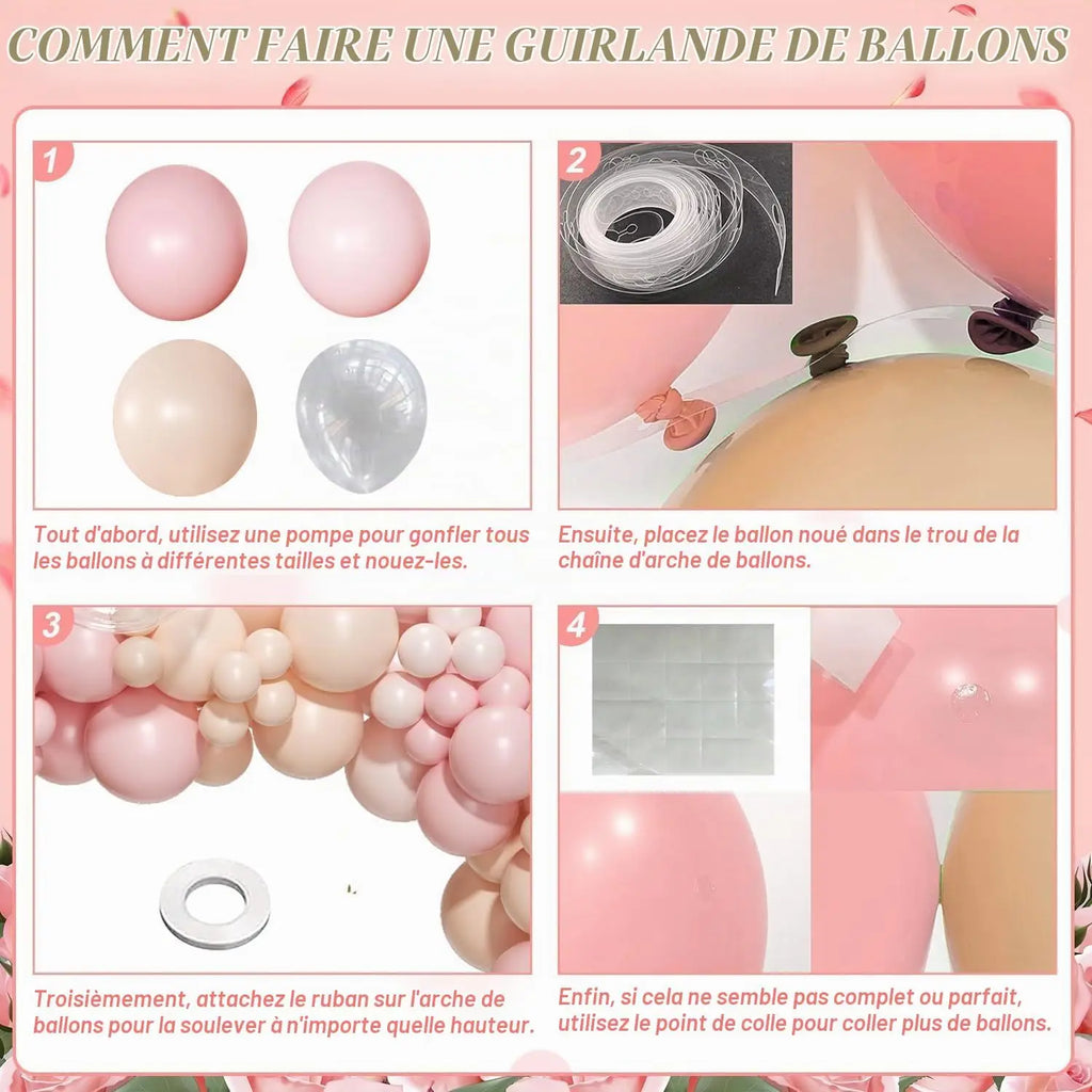 Kit arche de ballons 185 pièces, beige ou rose pastel — accessoires et montage illustrés