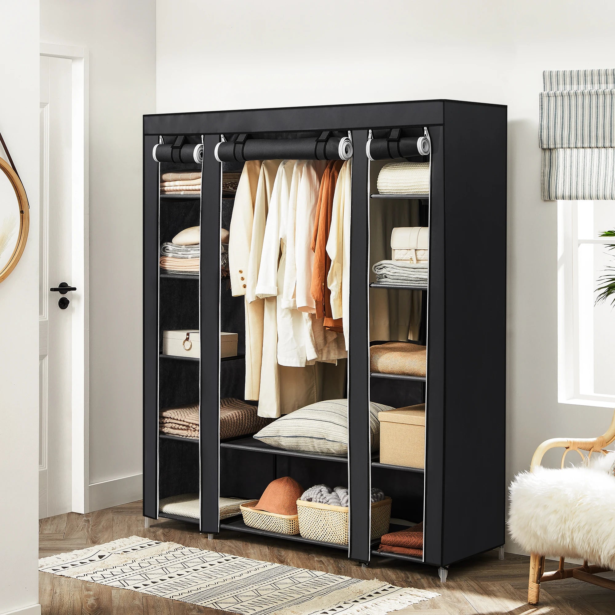 Armoire en tissu 12 compartiments avec penderie