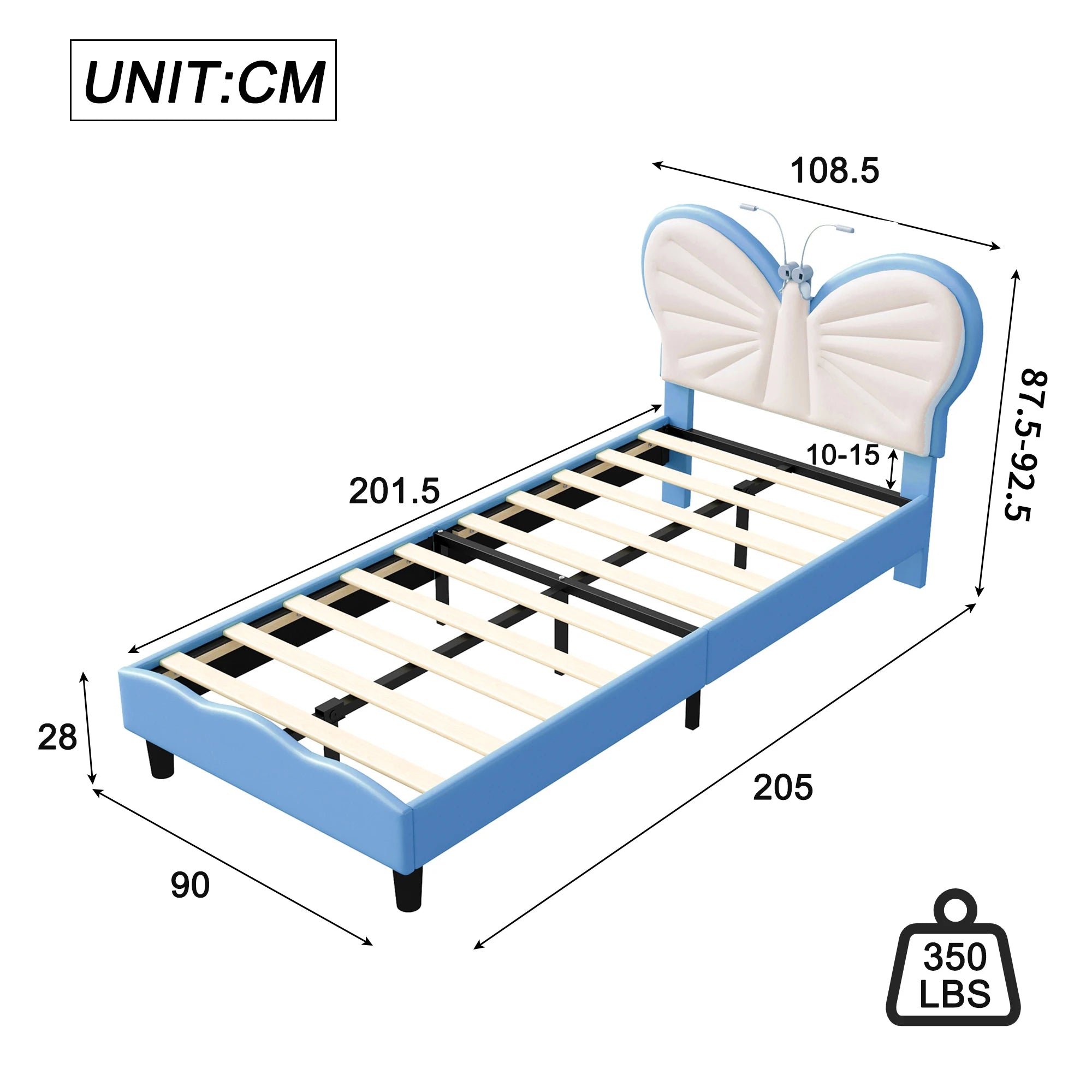 Lit enfant papillon avec lampe de lecture 90 × 200 cm