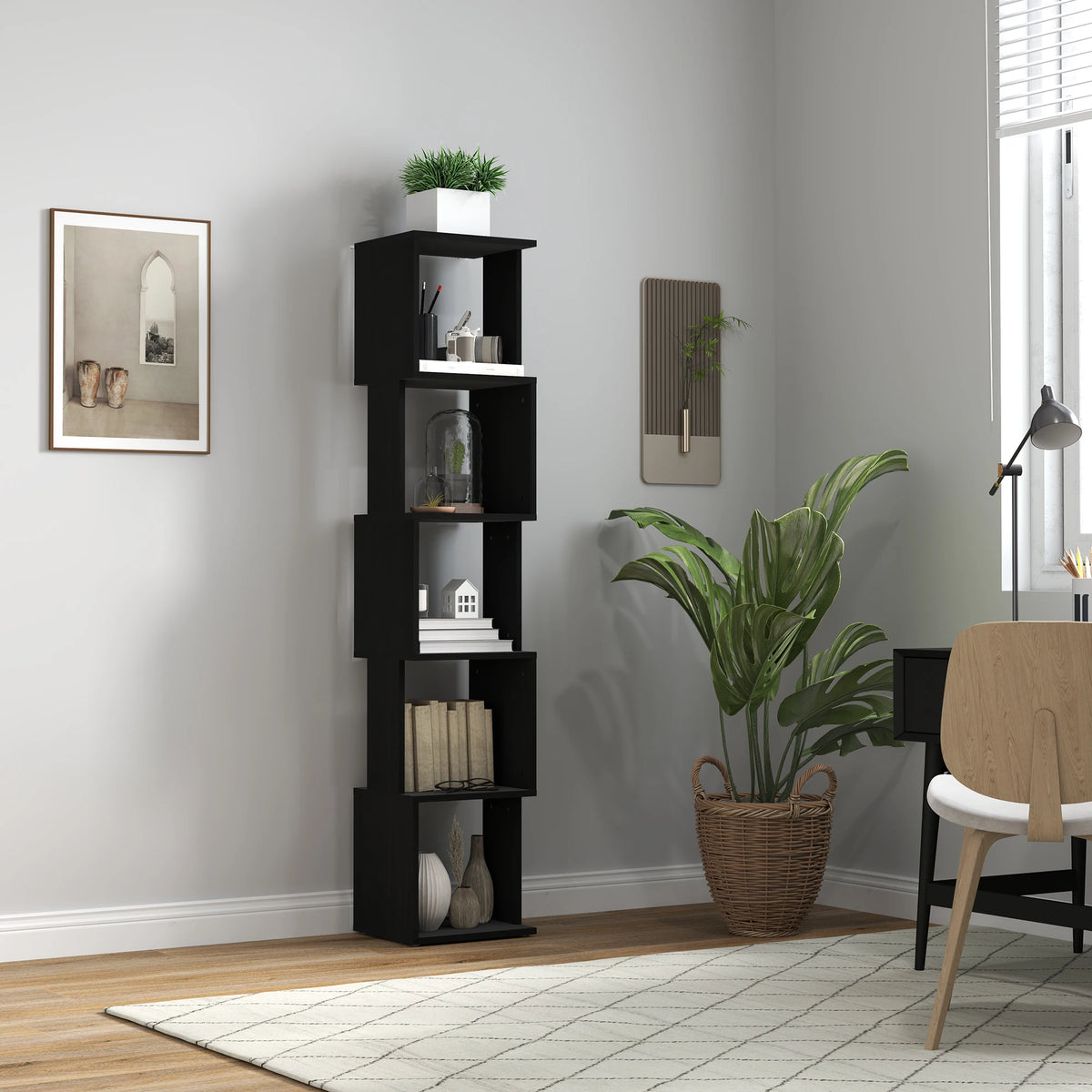 Bibliothèque étroite noire à 5 niveaux, hauteur 161 cm — au bureau