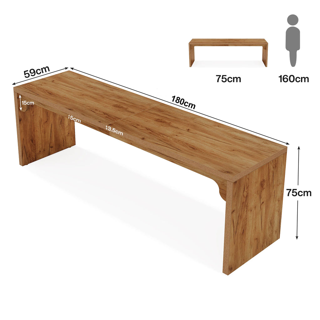 Bureau en bois brun, dimensions 180 x 59 x 75 cm, piètement rectangulaire.