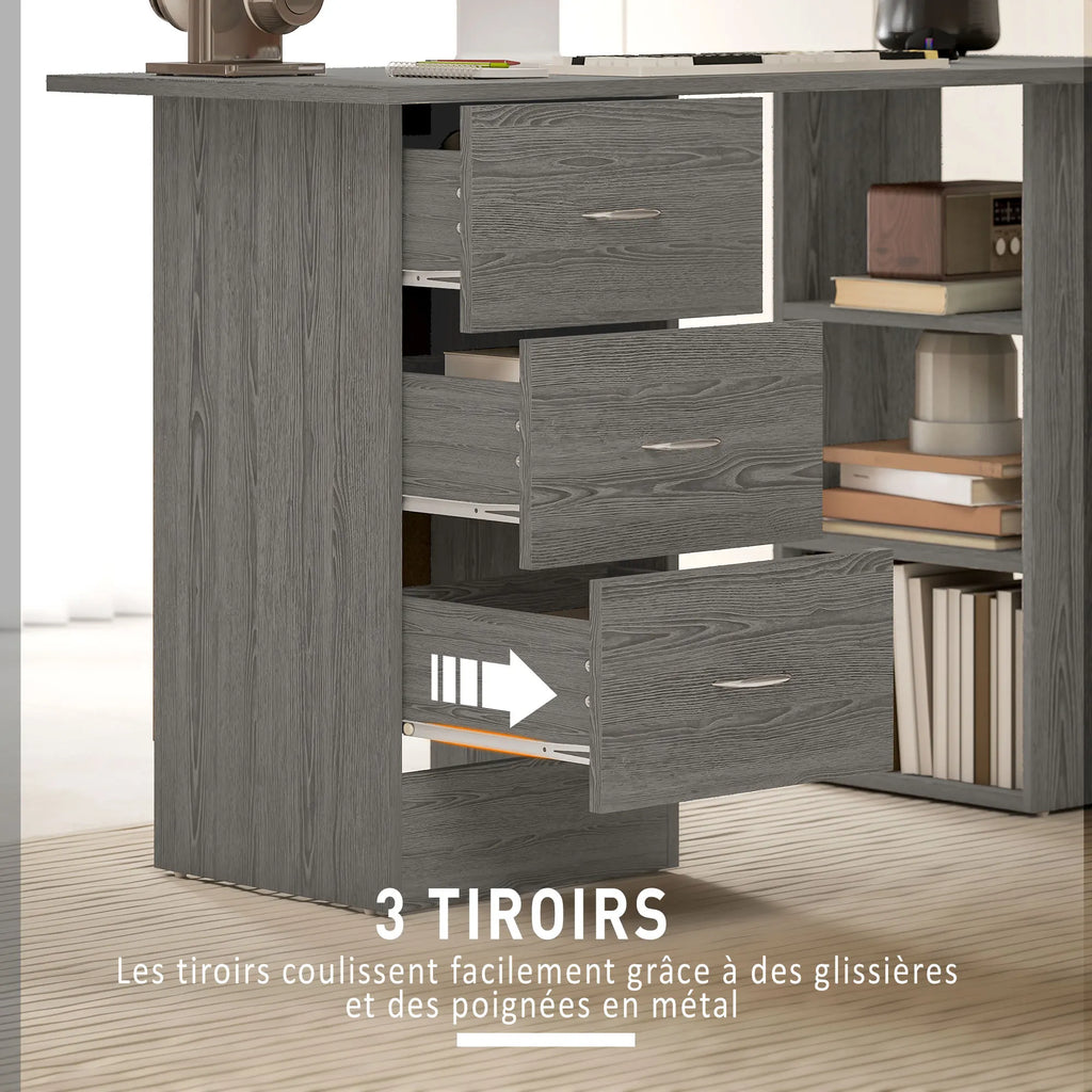 Bureau réversible avec 3 tiroirs et 3 étagères