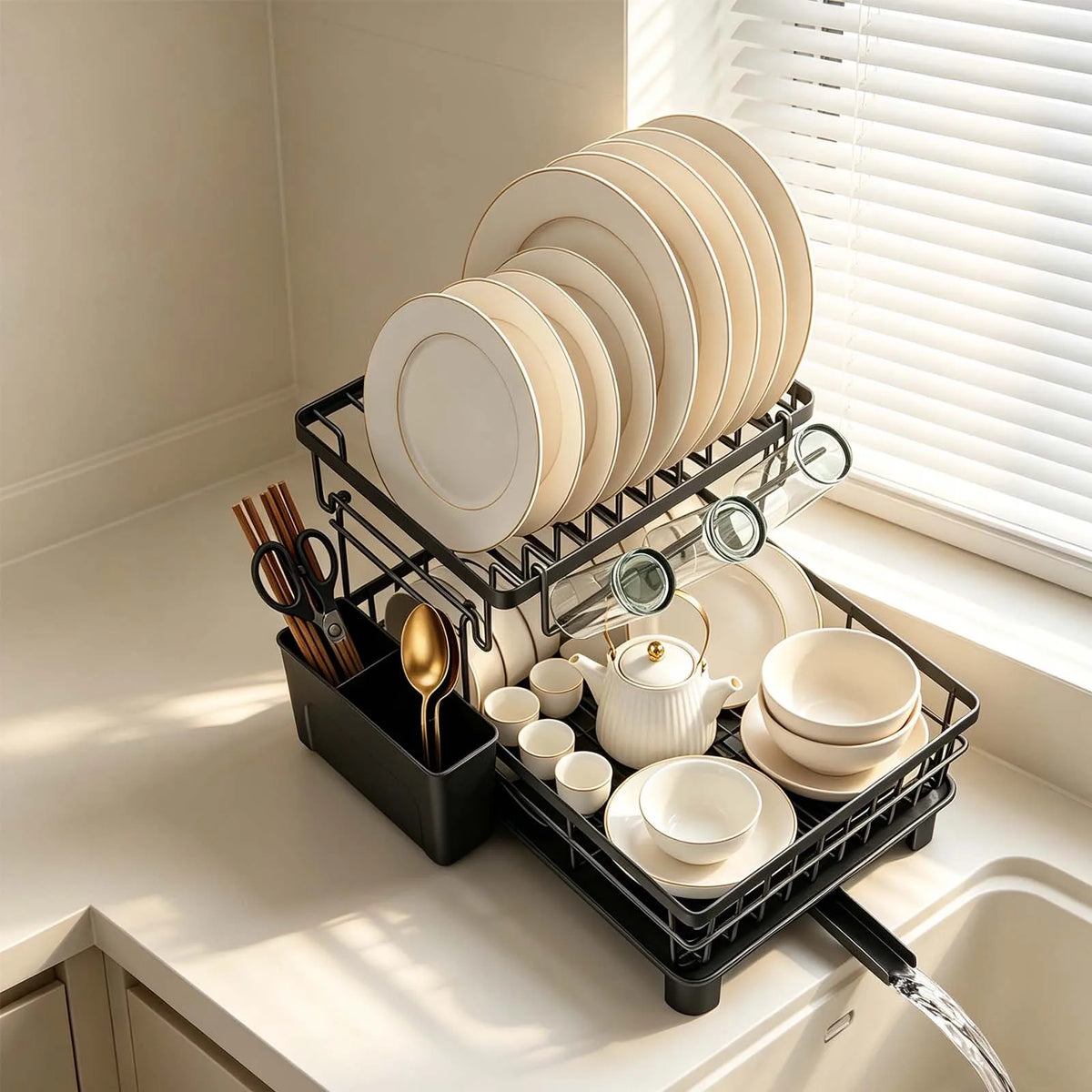 Égouttoir à vaisselle noir à 2 niveaux avec drainage — panier latéral à couverts