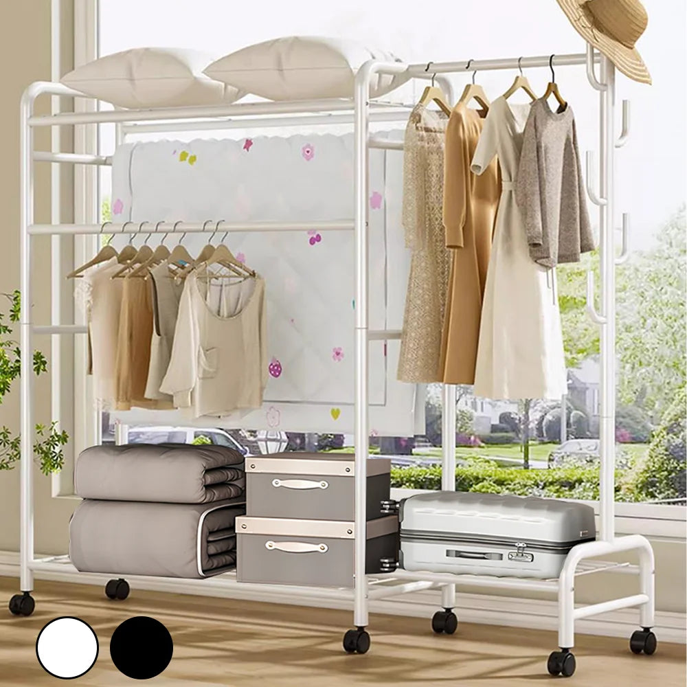Portant à vêtements blanc à double barre et roulettes — portant blanc avec valises et rangements