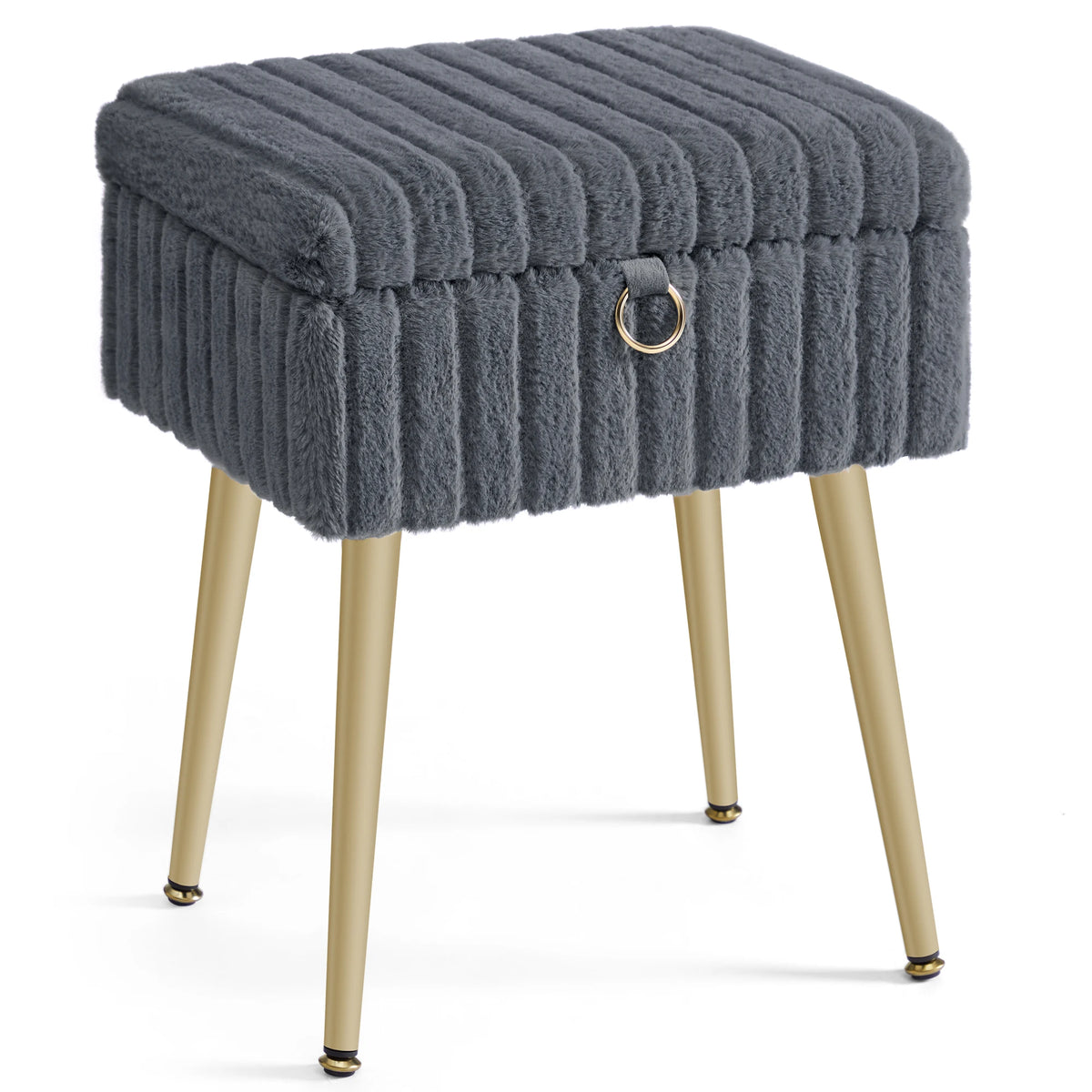 Tabouret de coiffeuse avec rangement et pieds dorés — gris ardoise, coffre fermé
