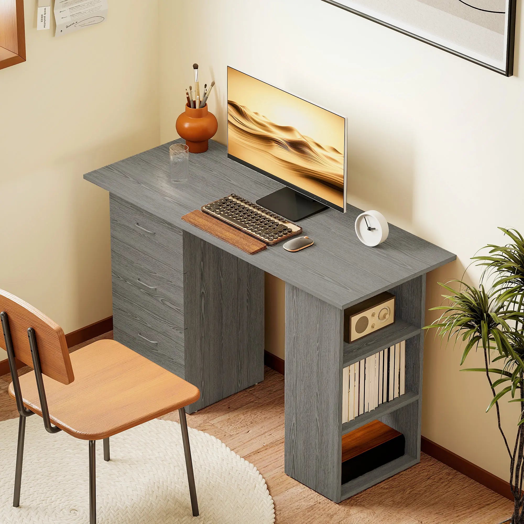 Bureau réversible avec 3 tiroirs et 3 étagères