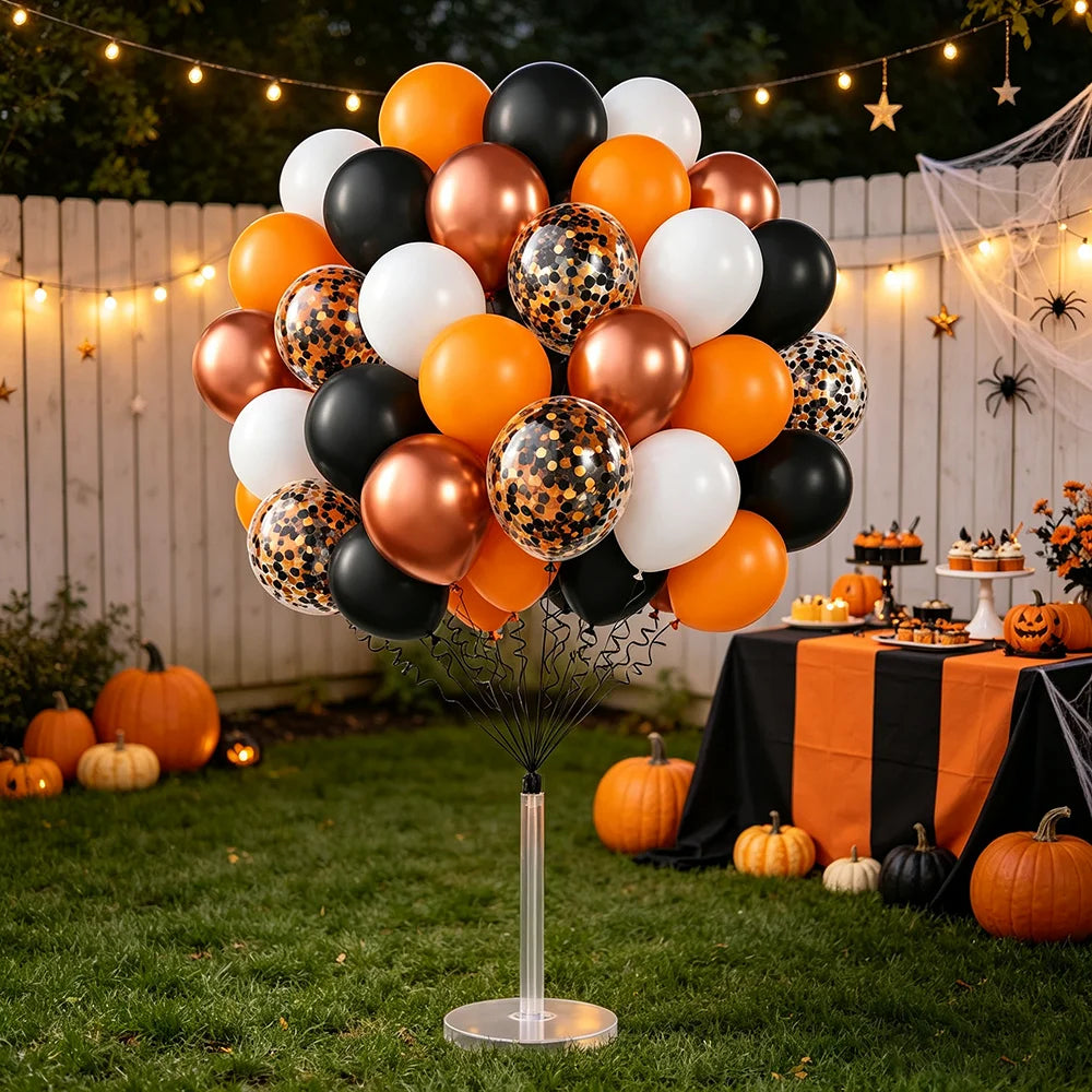 Ballons Halloween orange et noirs : bouquet de ballons orange, noirs, blancs et cuivrés.