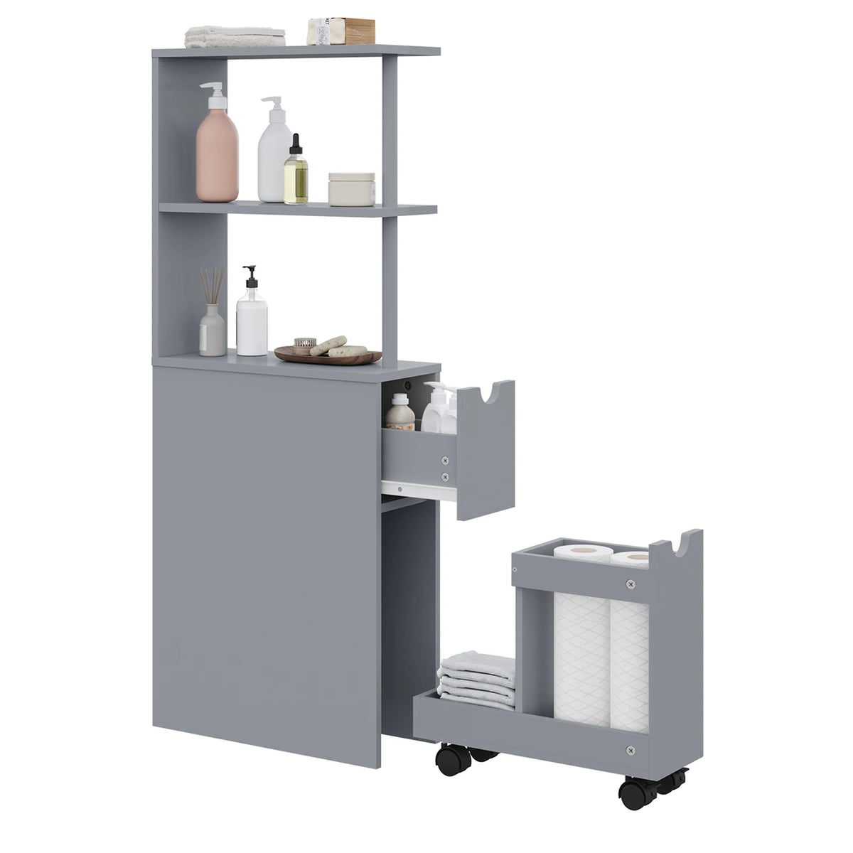 Meuble étroit de salle de bain à rangements coulissants
