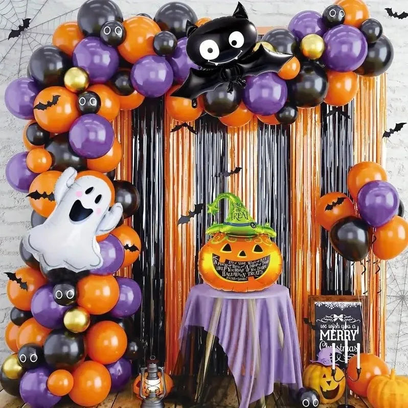 Kit arche de ballons Halloween : arche Halloween avec fantôme, citrouille et chauve-souris.