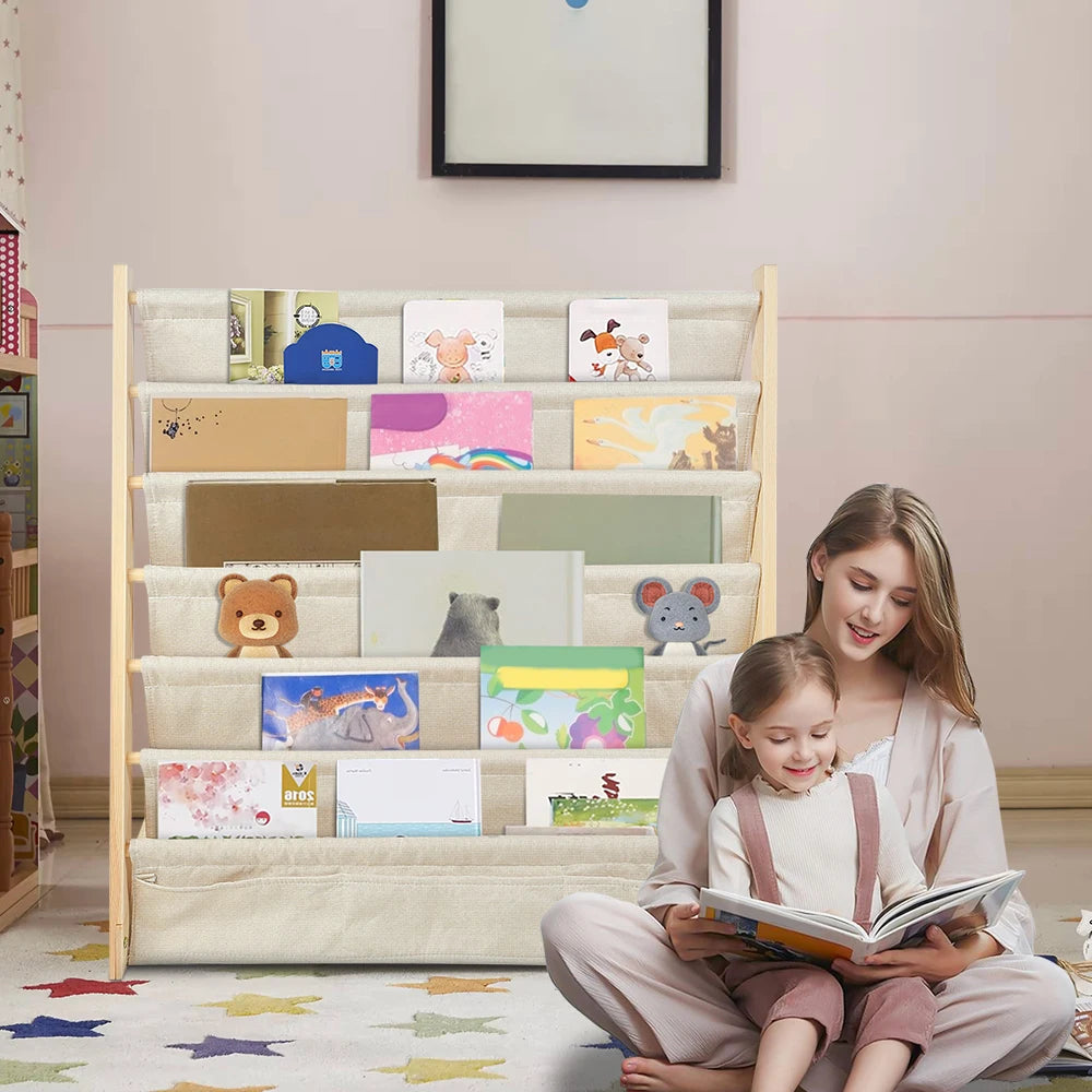 Bibliothèque enfant à 6 niveaux avec poches en tissu – vue 3