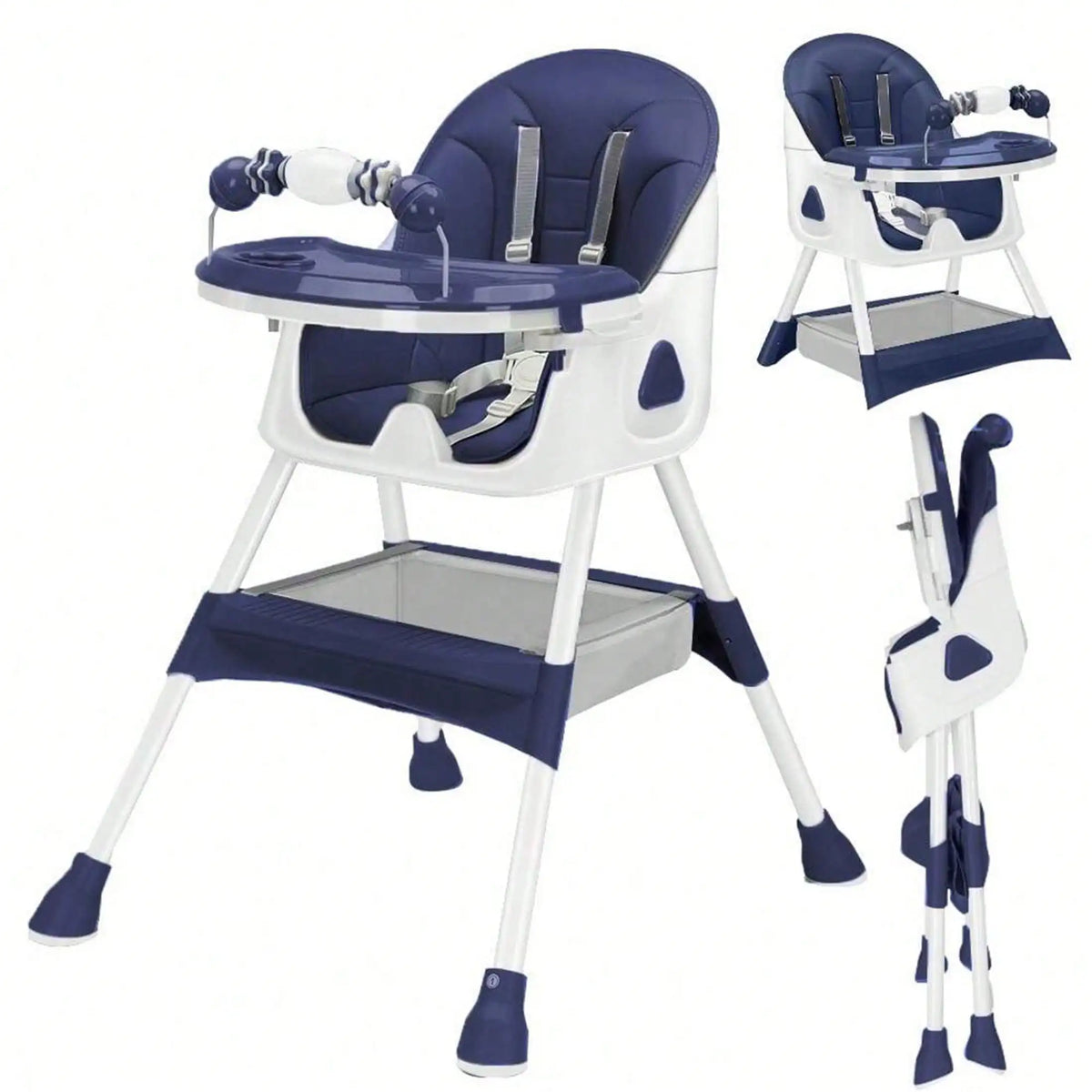 Chaise haute bébé pliable, 3 en 1 — Bleu marine