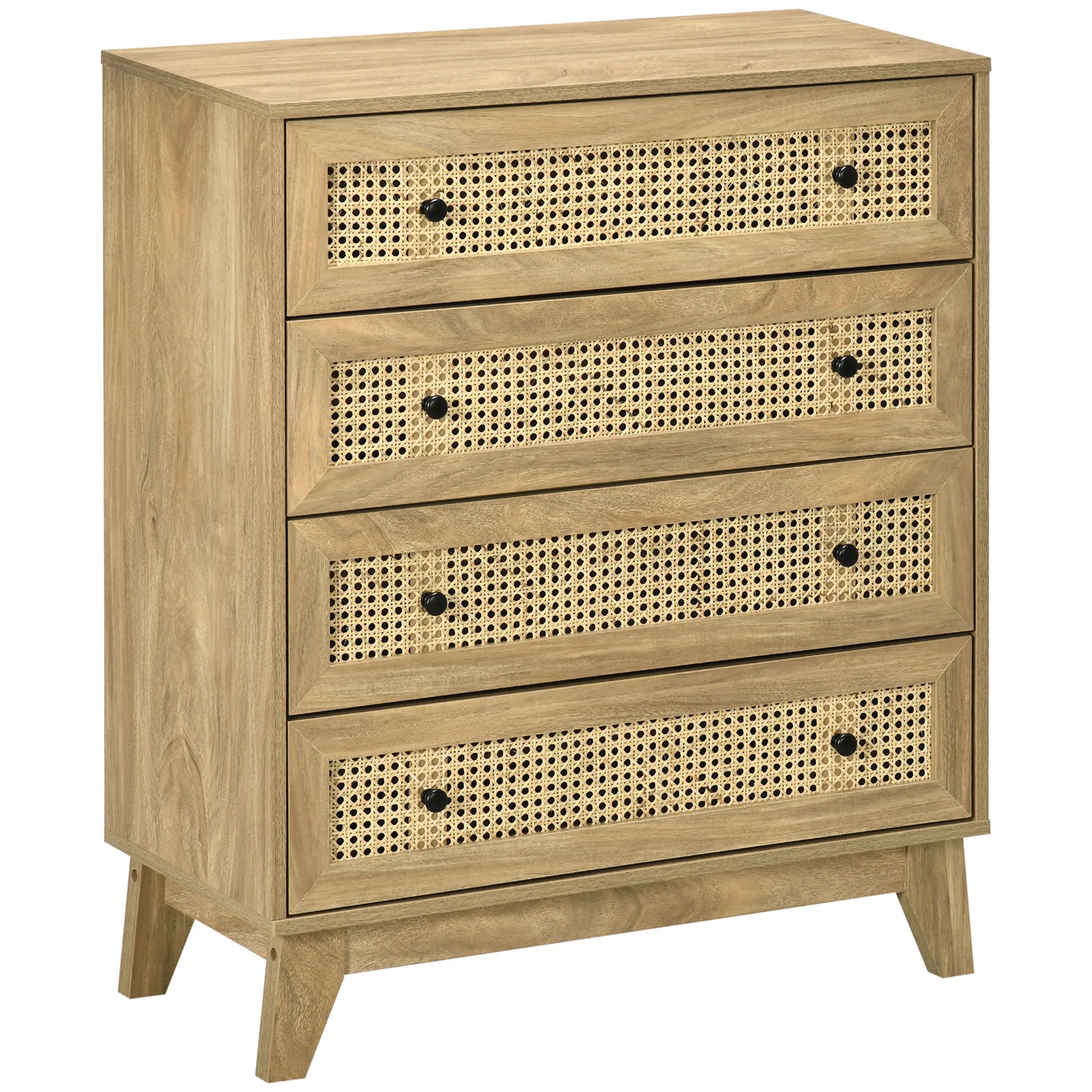 Commode 4 tiroirs en bois clair et cannage rotin