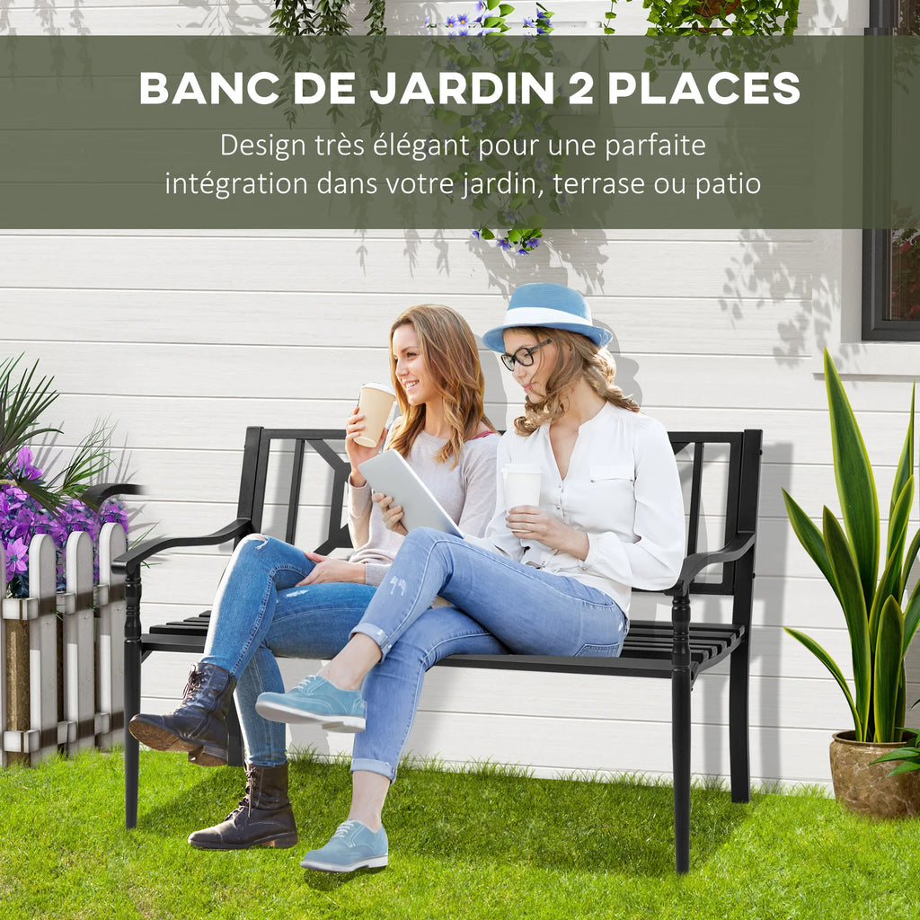 Banc de jardin noir 2 places en extérieur, dossier ajouré et assise à lattes