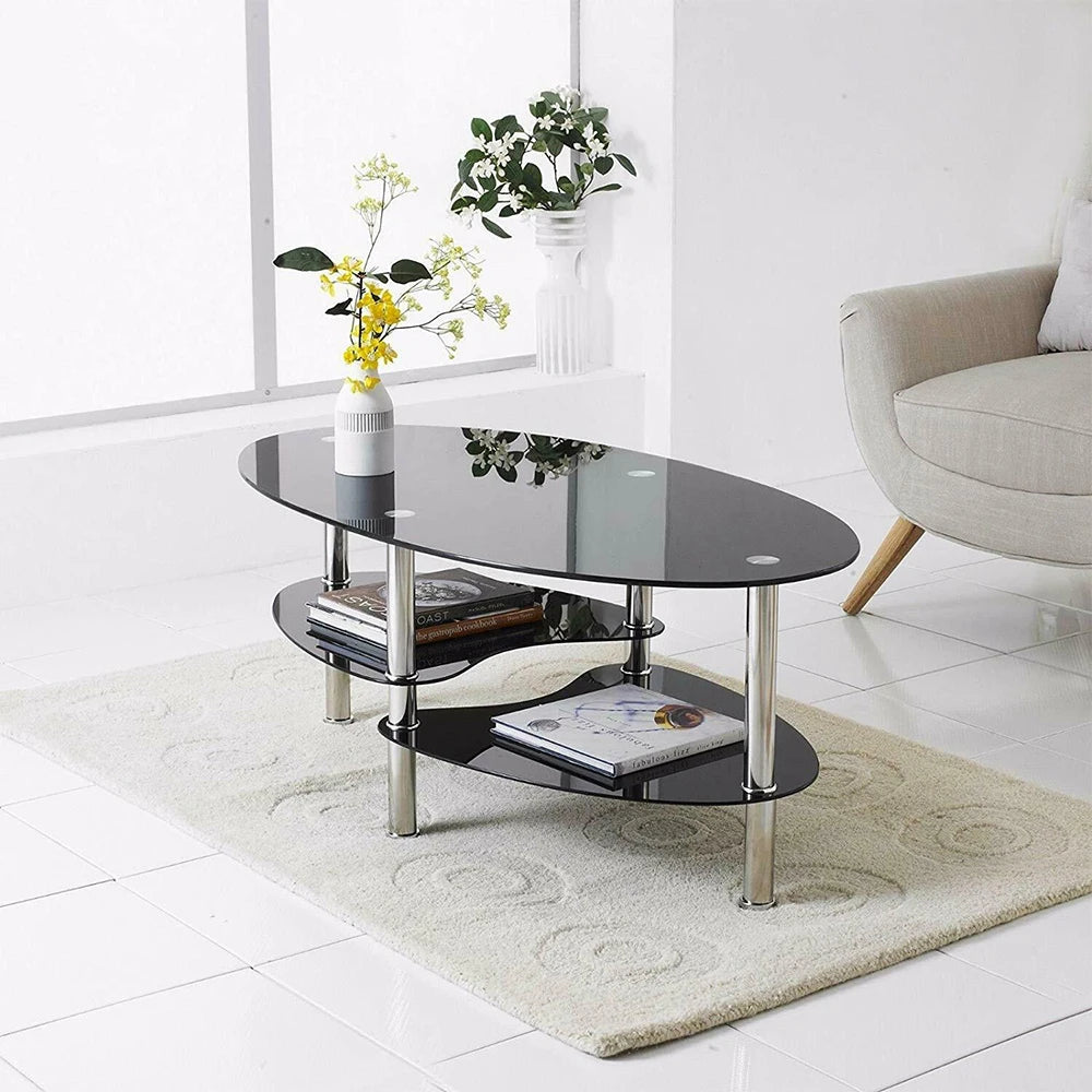 Table basse ovale en verre à 3 niveaux 90 × 50 cm
