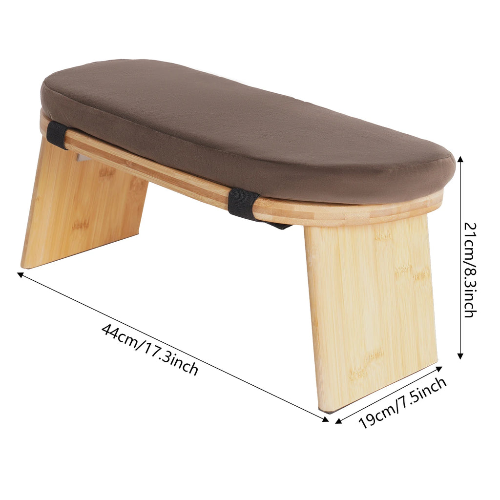 Banc de méditation pliable en bambou avec assise rembourrée — dimensions du modèle brun