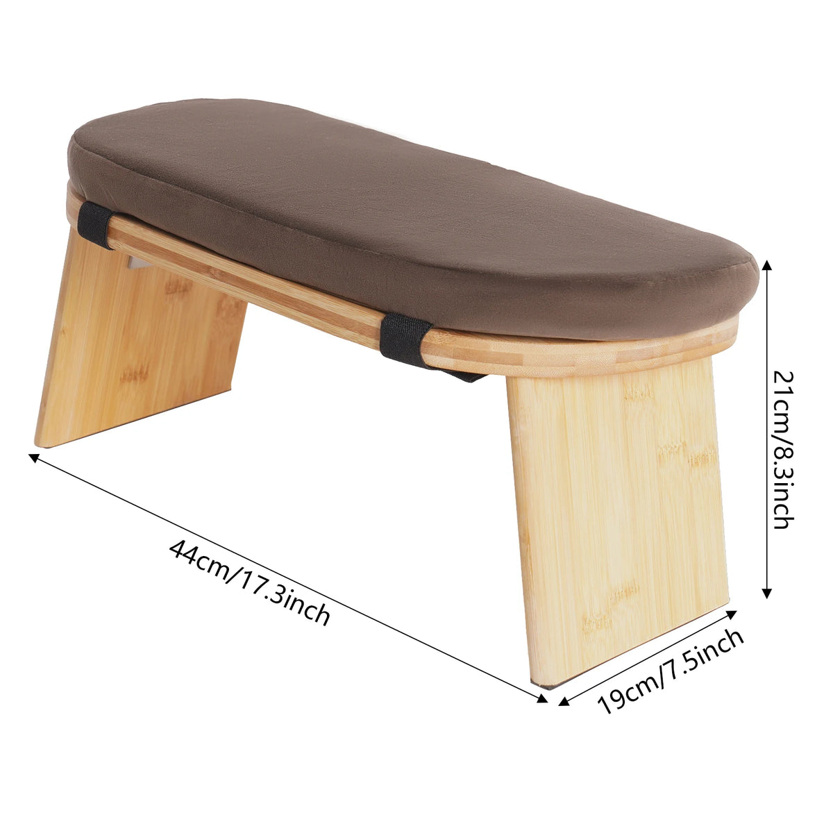 Banc de méditation pliable en bambou avec assise rembourrée — dimensions du modèle brun