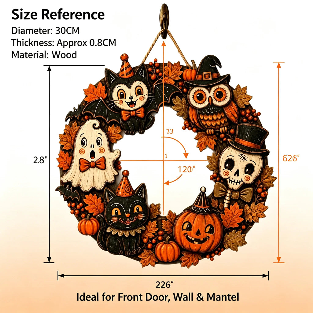 Couronne Halloween en bois, citrouilles et fantômes, 30 cm — dimensions annoncées