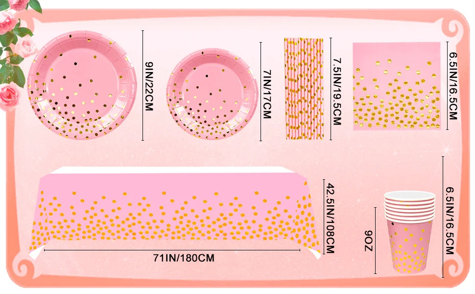 Vaisselle de fête rose et dorée à pois : dimensions de la vaisselle et de la nappe.