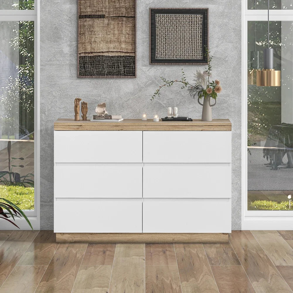 Commode 6 tiroirs blanc et chêne avec verrouillage