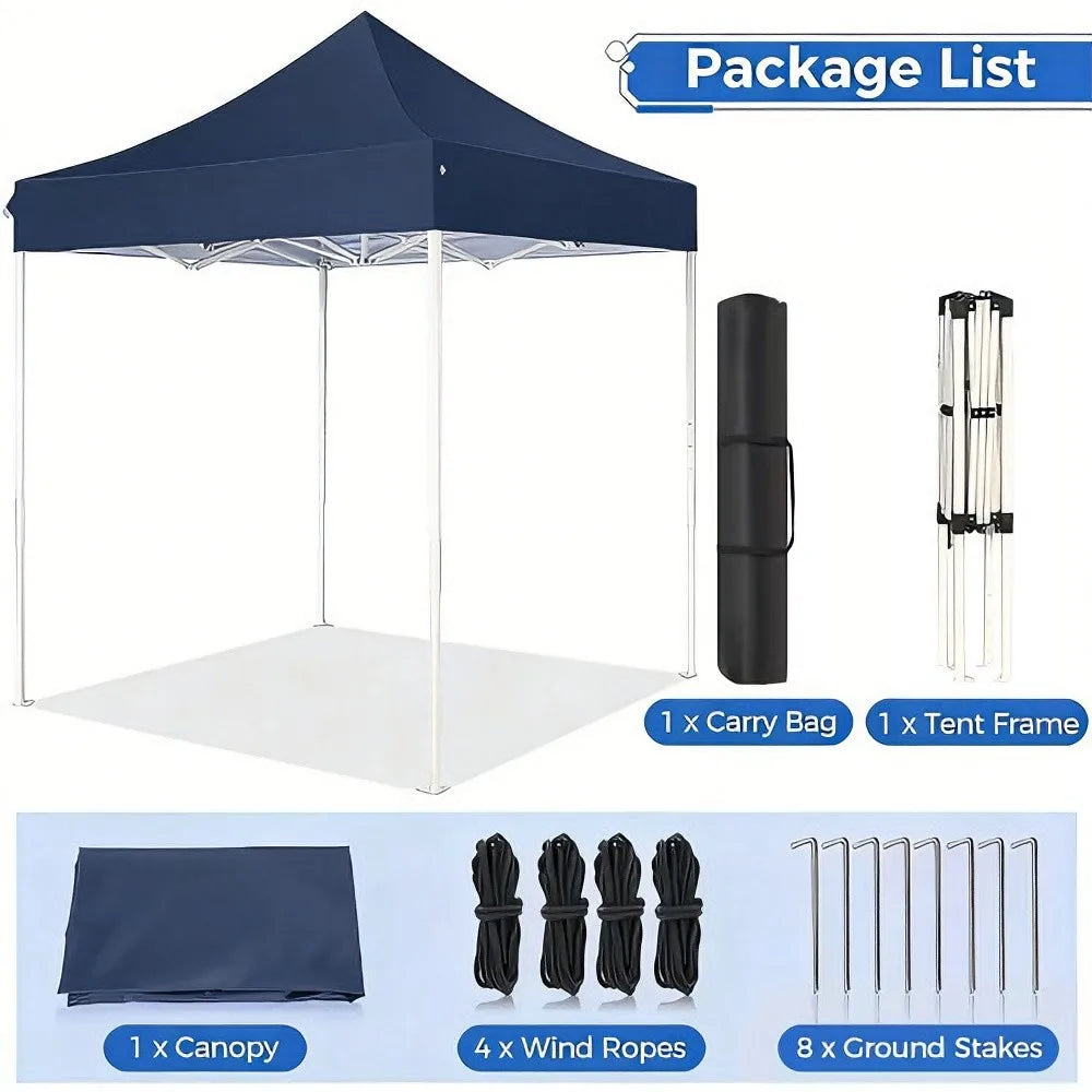 Pergola pliante bleu foncé avec accessoires : sac, cadre, cordes et piquets.