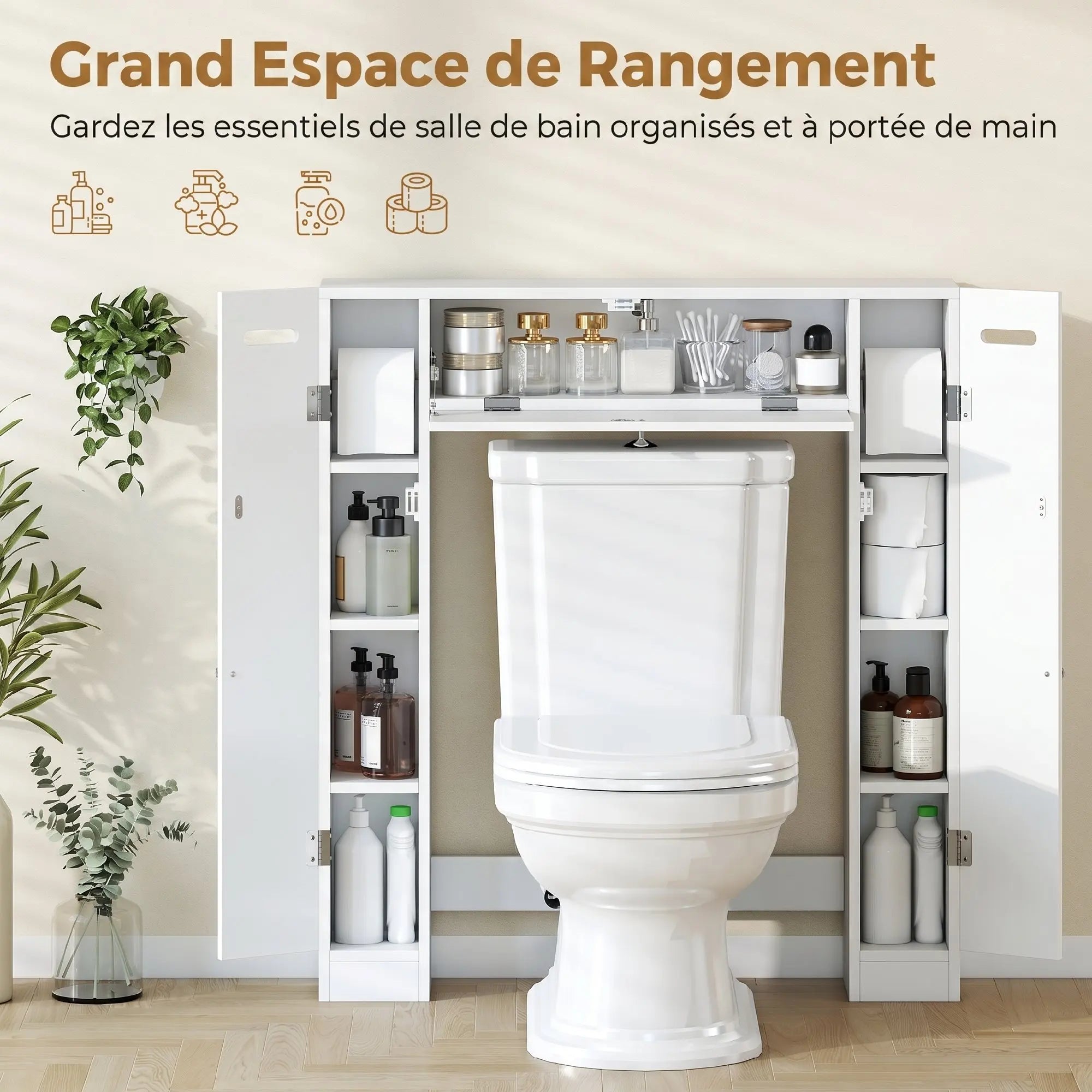 Meuble au-dessus des WC avec placards, tiroir et étagères