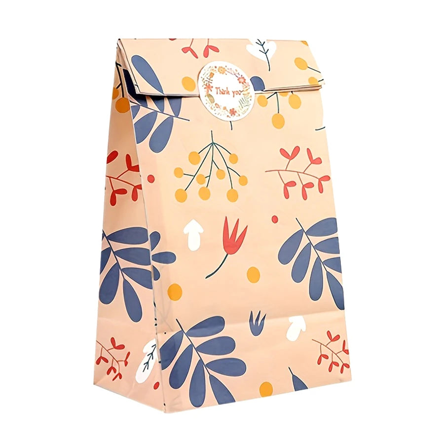 Sachet rose à feuillages colorés avec autocollant rond