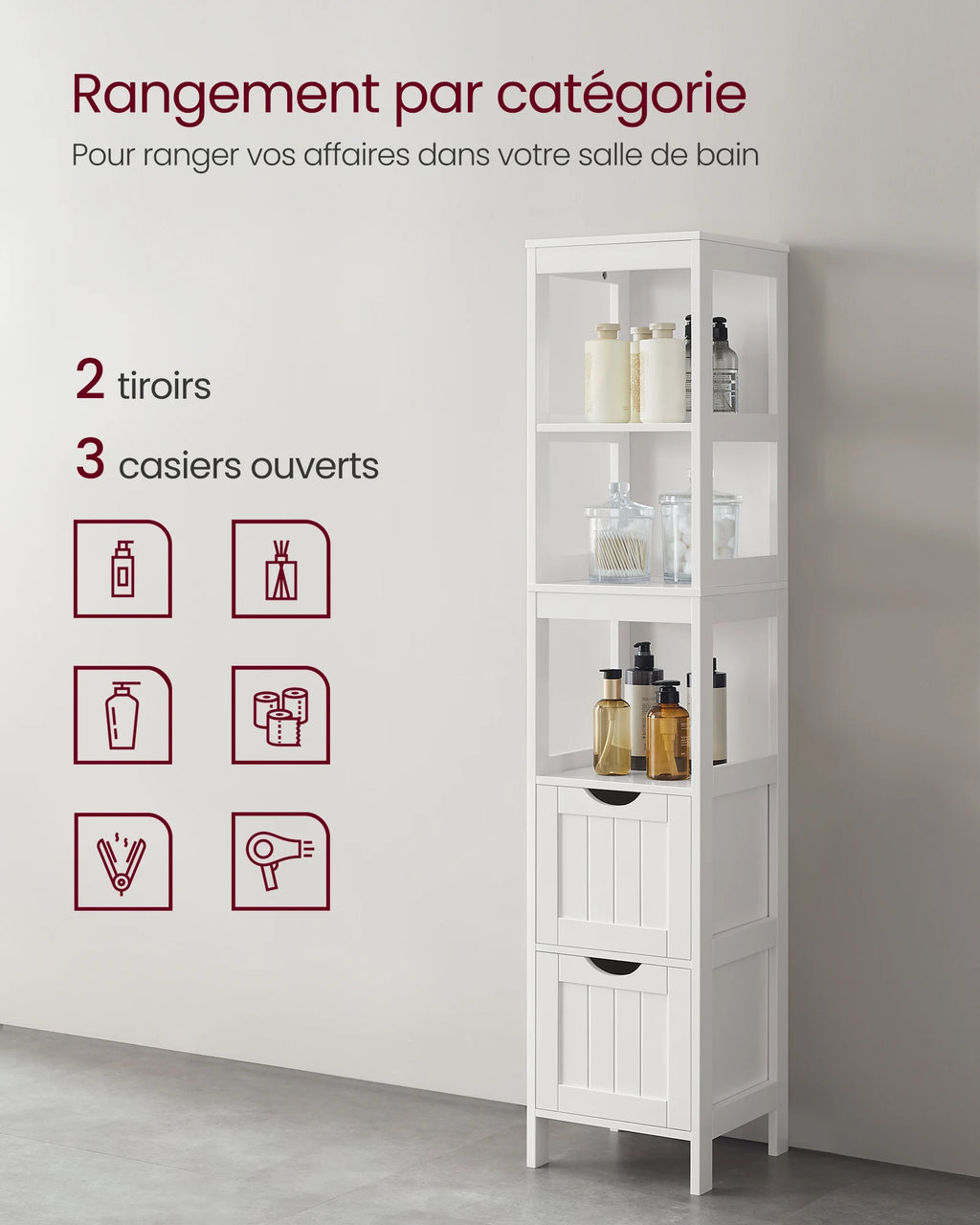 Colonne de salle de bain avec 3 niches et 2 tiroirs