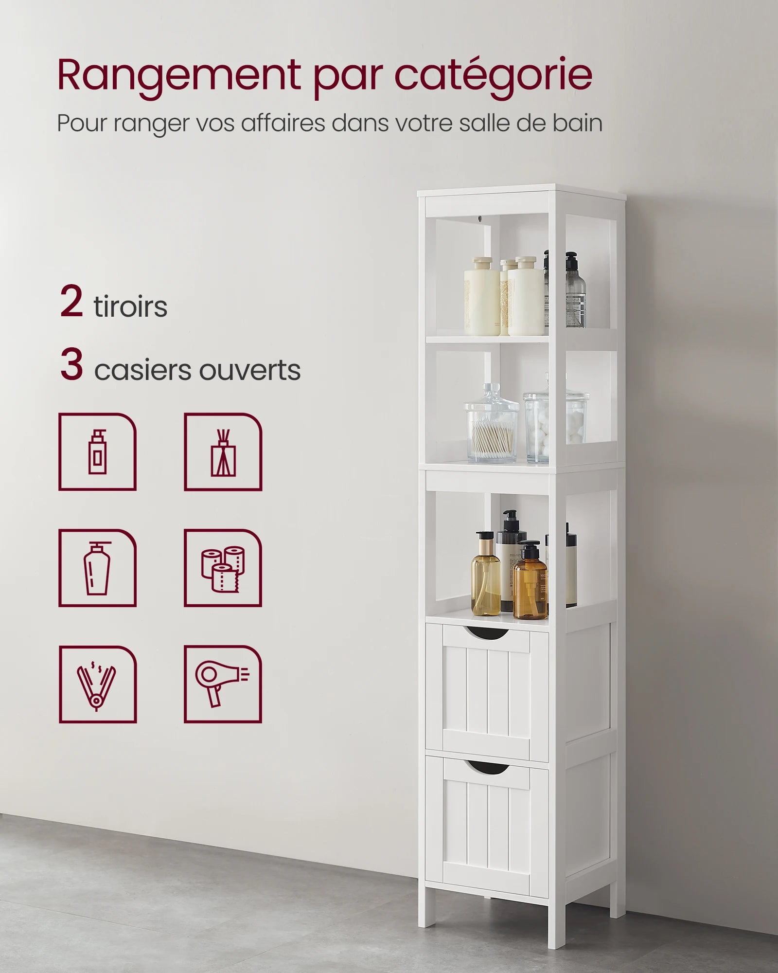 Colonne de salle de bain avec 3 niches et 2 tiroirs