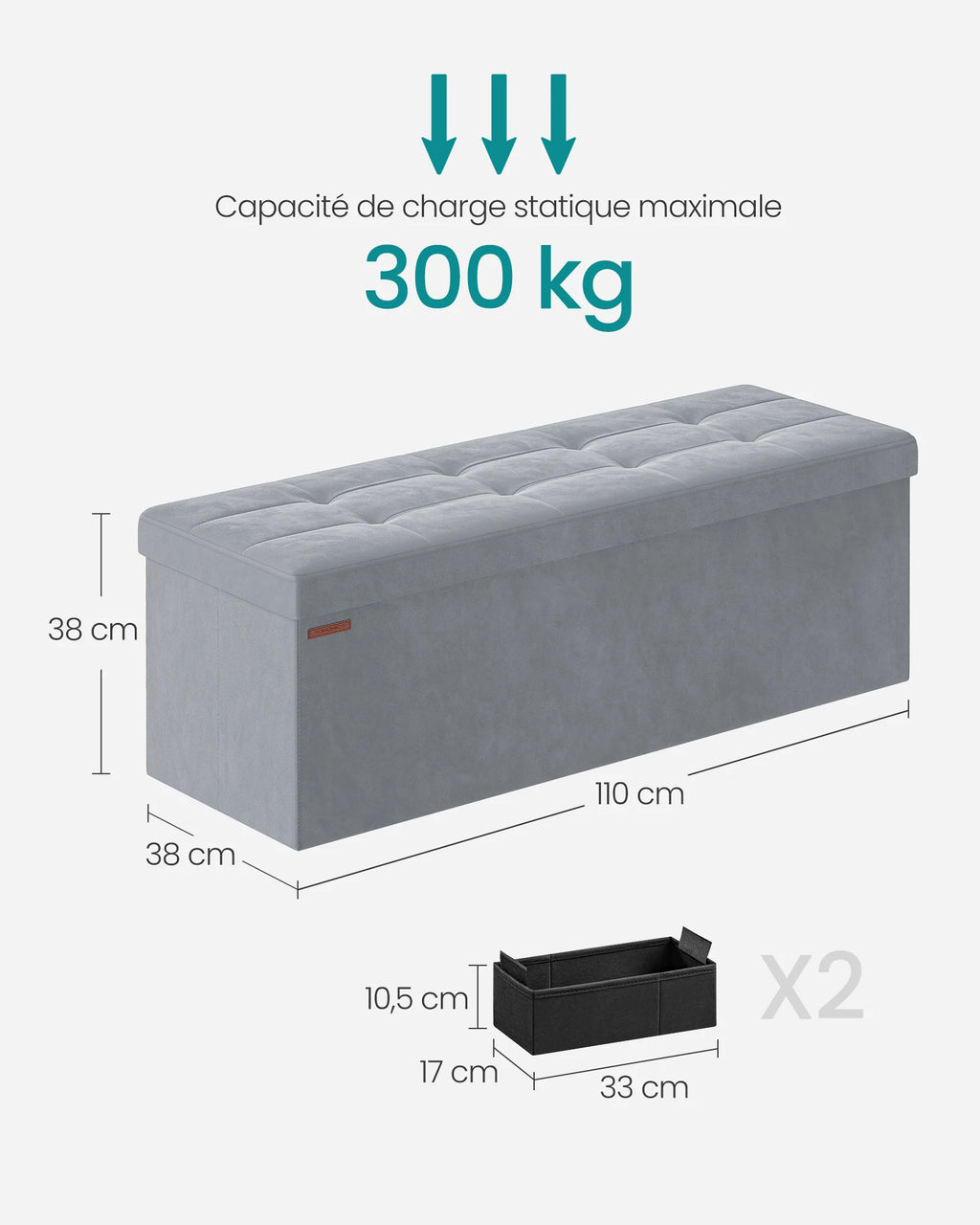 Banc coffre pliable 110 cm avec assise rembourrée — dimensions et charge annoncées