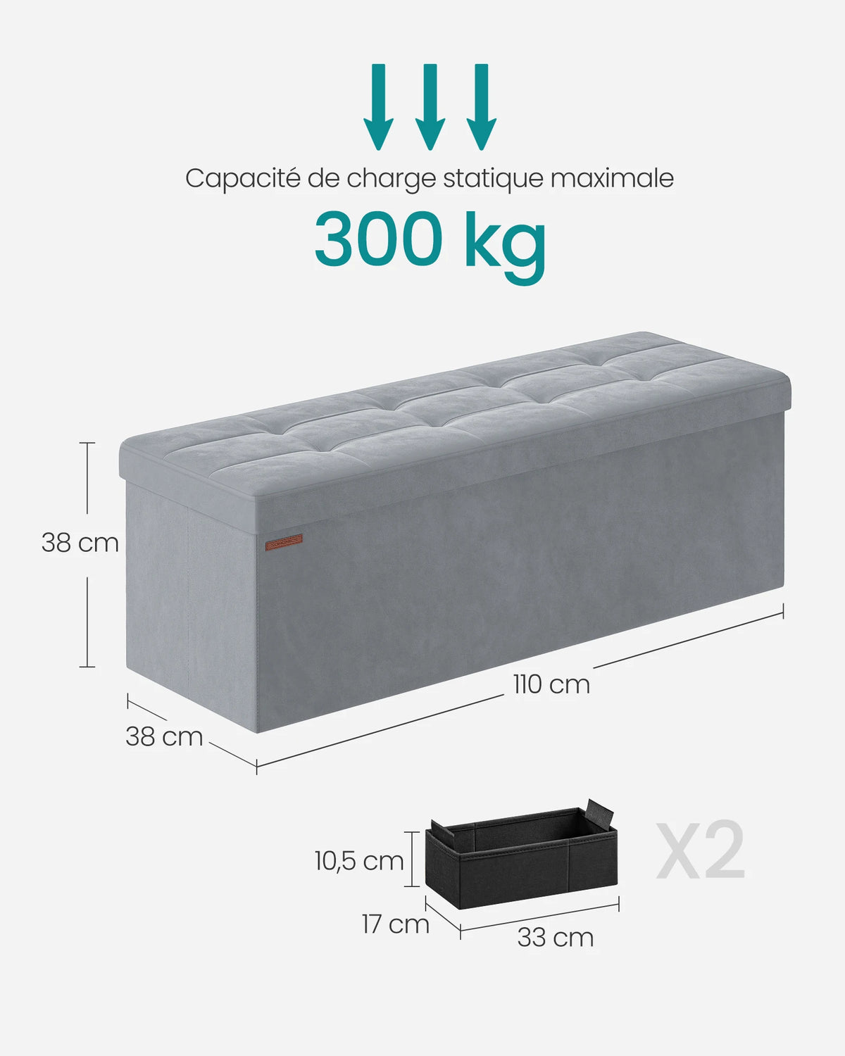 Banc coffre pliable 110 cm avec assise rembourrée — dimensions et charge annoncées