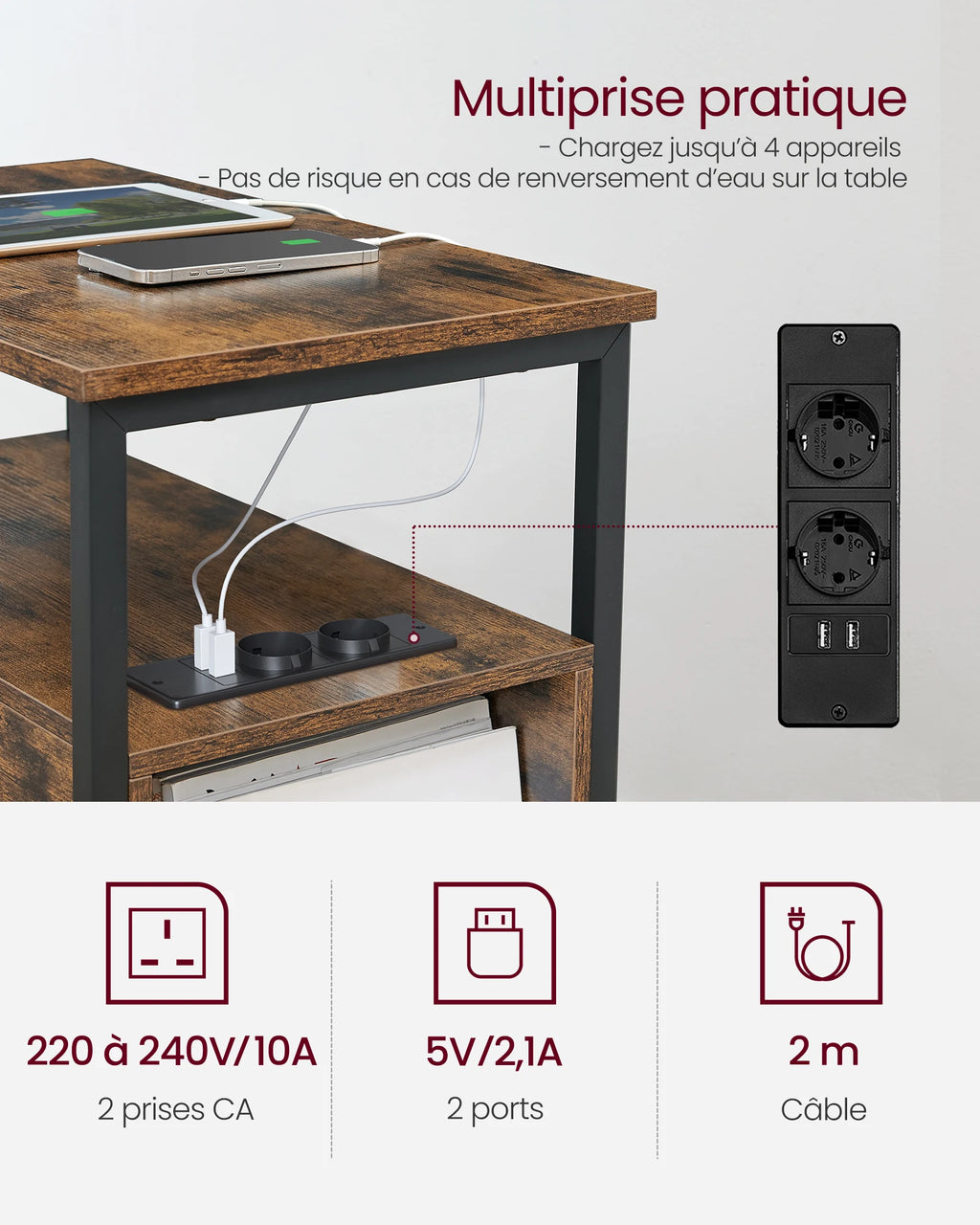 Table de chevet fine avec multiprise et 2 tiroirs