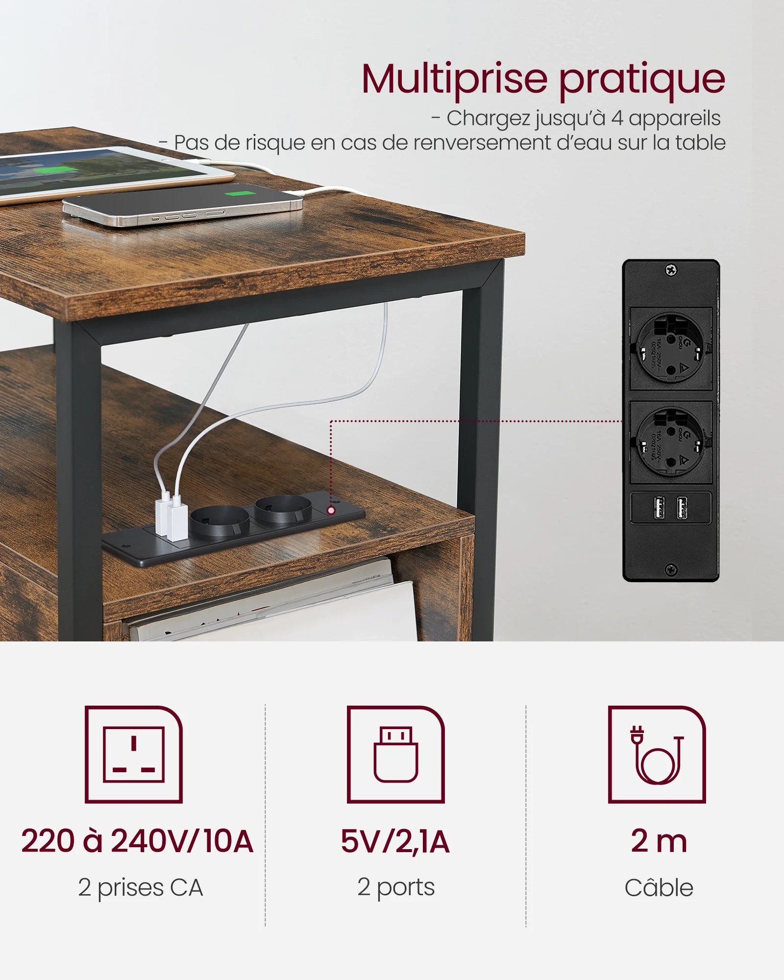 Table de chevet fine avec multiprise et 2 tiroirs